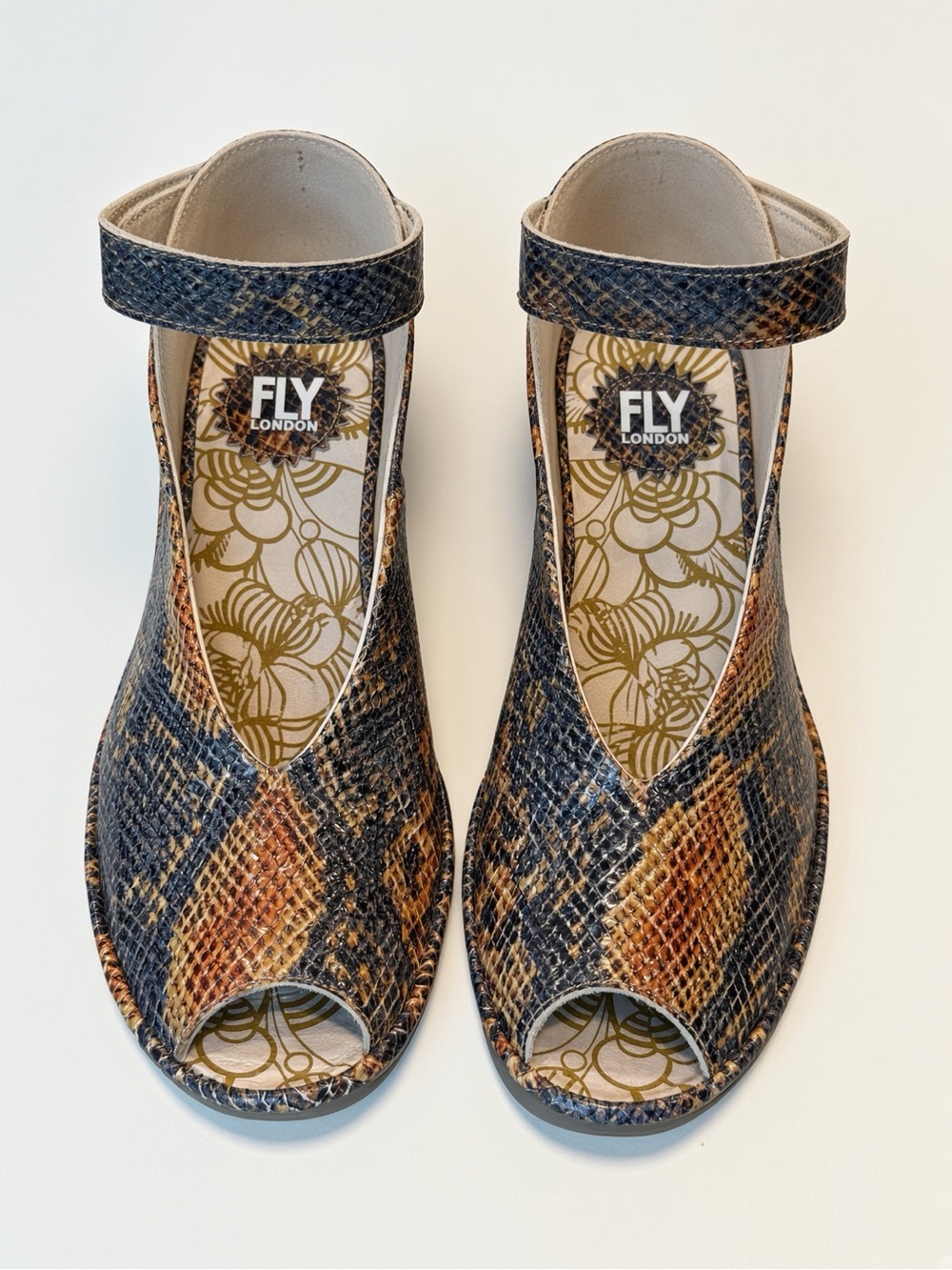 NEW. Fly London YALA Snakeskin PeepToe Wedge- Size 40